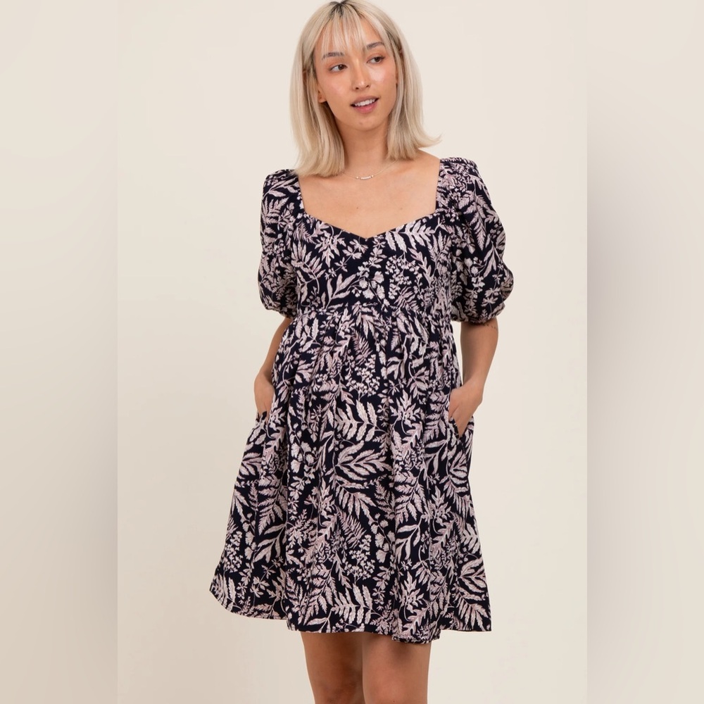 Navy Floral Puff Sleeve Maternity Dress